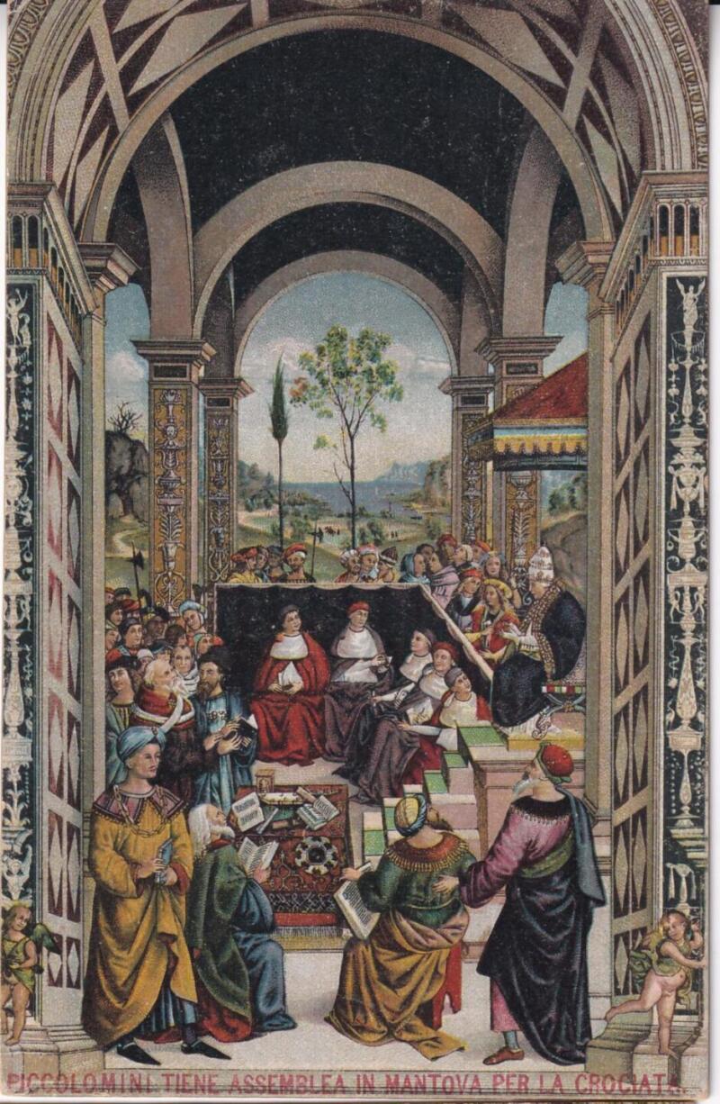 Cartolina d'epoca Serie Enea Piccolomini - Piccolomini tiene assemblea in Mantova per la Crociata Ottavo Quadro