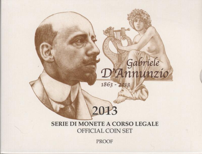Monete Italia Anno 2013 Serie divisionale Proof con 5 Euro in argento 150esimo anniversario della nascita di Gabriele D'Annunzio